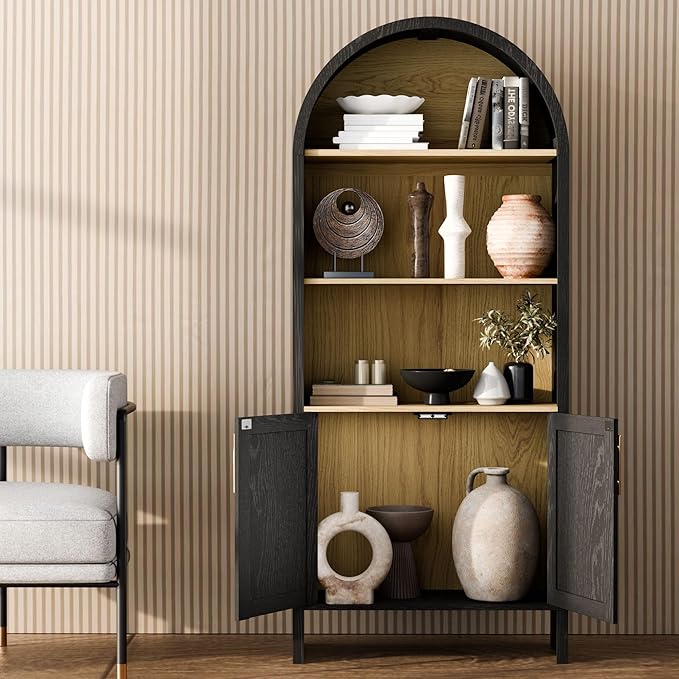 Arch Storage Cabinet with Beech-Wooden Door, 60” Cute Arched Display Cabinet, 4 Tier Farmhouse Buffet Cabinets with Storage for Dining Room, Living Room, Home Office or Kitchen (Black)