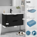 eclife 30" Bathroom Vanities Cabinet with Sink Combo, Wall Mounted Floating Cabinet W/Decor Line, Soft-Close System, 2 Extra Big Drawers, Matte Black Faucet, Black