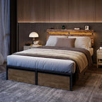 Forestell Full Size Bed Frame with Wood Headboard, Metal Platform Bed with 2 Storage Drawers & Shelf, Built in Charging Station & LED Lights, No Box Spring Needed, Vintage Brown, Camas Full