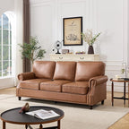 Kingfun Mid-Century Modern Couch, Faux Leather Sofa, 3 Seater Couch for Living Room with Rolled arms & Nailhead Trim, Brown
