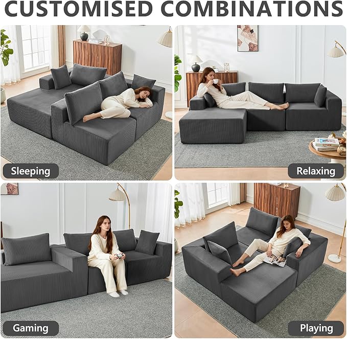 109" Cloud Sectional Couch, Boneless Couches for Living Room, Modular Sectional Sofa with Deep Seat, L-Shape Couch with Chaise, Comfy Corduroy Fluffy Modern Modular Sofa, No Assembly Required,DarkGrey