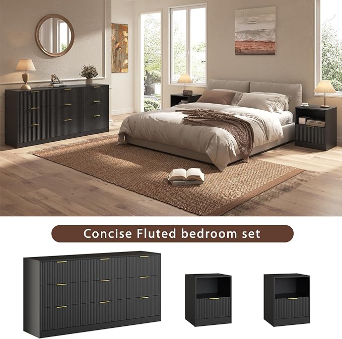 3-Piece Modern Bedroom Furniture Set, Wide 9-Drawer Dresser & 1-Drawer Nightstands Set of 2, Natural Wood Dresser and Nightstand Sets for Bedroom, Hallway, Black