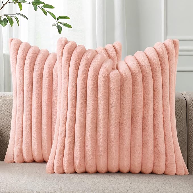 Pallene Faux Fur Plush Throw Pillow Covers 26x26 Set of 2, Luxury Soft Fluffy Striped Decorative Pillow Covers for Sofa, Couch, Living Room, Pink