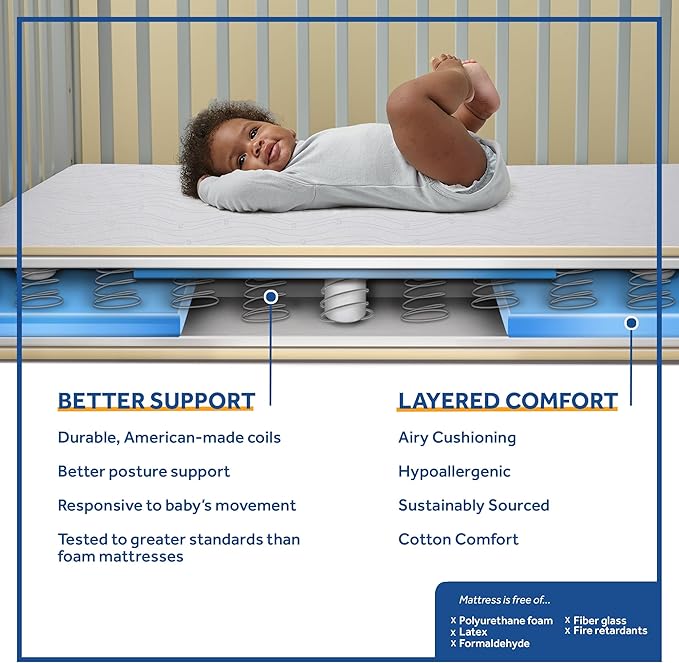 Sealy Baby Flex Cool 2 Stage Breathable Crib Mattress with Toddler Bed Fit, Waterproof & Airy Cotton Cover, 204 Premium Coils, GREENGUARD Gold Certified, Safety & Quality Tested, Made in USA, 52x28"