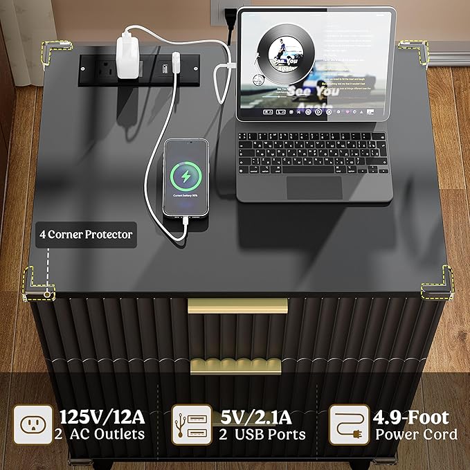 Lulive Wood Nightstand Set of 2 Fluted Dresser for Bedroom 3 Drawers Night Stand with Charging Station, Storage Modern Side Table Black