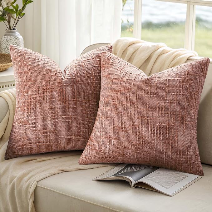 decorUhome Pink Chenille Throw Pillow Covers 24x24 Set of 2 Thick Textured Slubby Couch Pillow Covers Farmhouse Accent Modern Neutral Decorative Pillow Cases for Bed Sofa Living Room