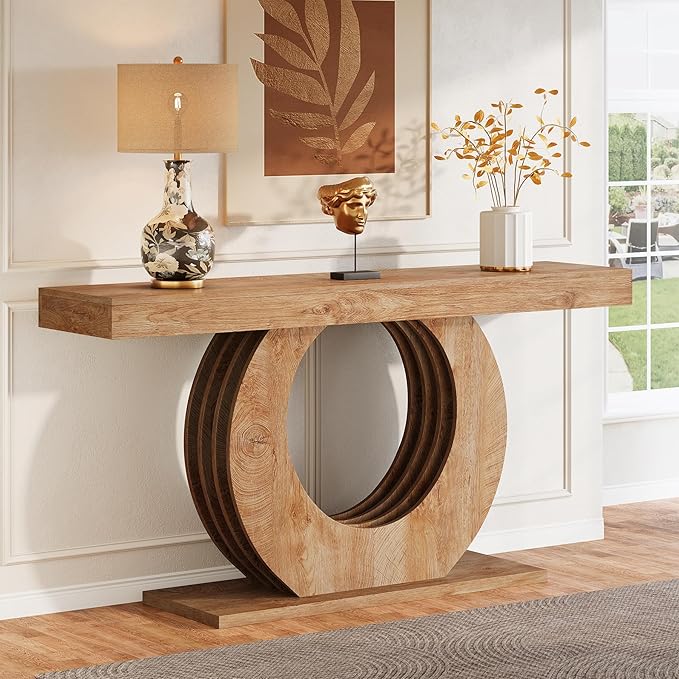 Tribesigns 63-Inch Console Sofa Table, Rustic Industrial Farmhouse Entryway Table, Narrow Long Couch Console Behind Sofa with Black Circle Base for Living Room Hallway, Light Brown