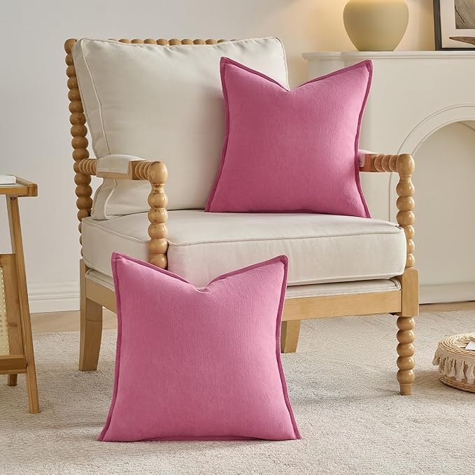 FUTEI Hot Pink Chenille Throw Pillow Covers 20x20 Inch Set of 2,Edges Double-Stitched Cushion Cases,Modern Home Decor for Couch Living Room