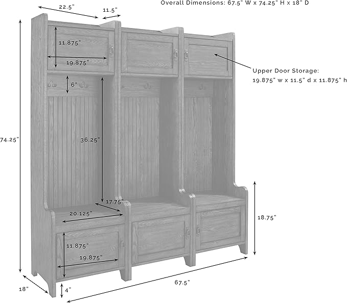Crosley Furniture Fremont 3-Piece Hall Tree Entryway Set with Storage Cabinets and Coat Rack Hooks, Distressed White