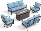 PHI VILLA Patio Furniture Set with 56" Fire Pit Table, Premium Outdoor Wicker Metal Frame Furniture with Upgraded Waterproof Thick Cushions for Porch, Poolside, Deck, and Yard （5 Pieces, Blue