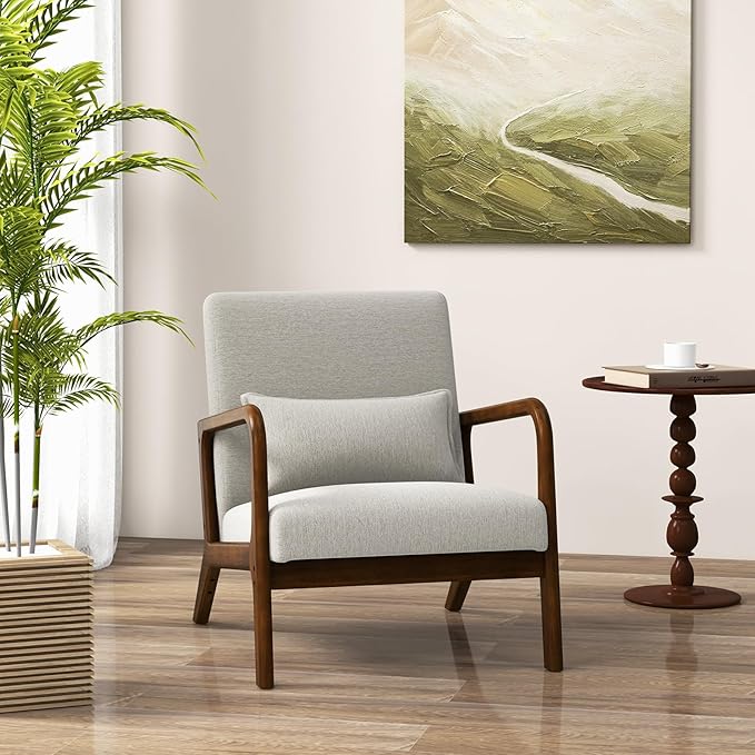 KOMFOTT Mid-Century Modern Accent Chair, Indoor Living Room Leisure Chair with Cushioned Seat & Back, Upholstered Armchair with Rubber Wood Frame & Lumbar Pillow, Lounge Chair for Bedroom, Grey