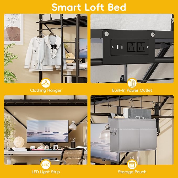 Loft Bed Twin,Loft Bed with Built-in Power Outlet LED Lights,Clothing Hanger,Storage Pouch,Heavy Duty Metal Safety Guard Rail for Kids Teens Adults,No Box Spring Needed,Black