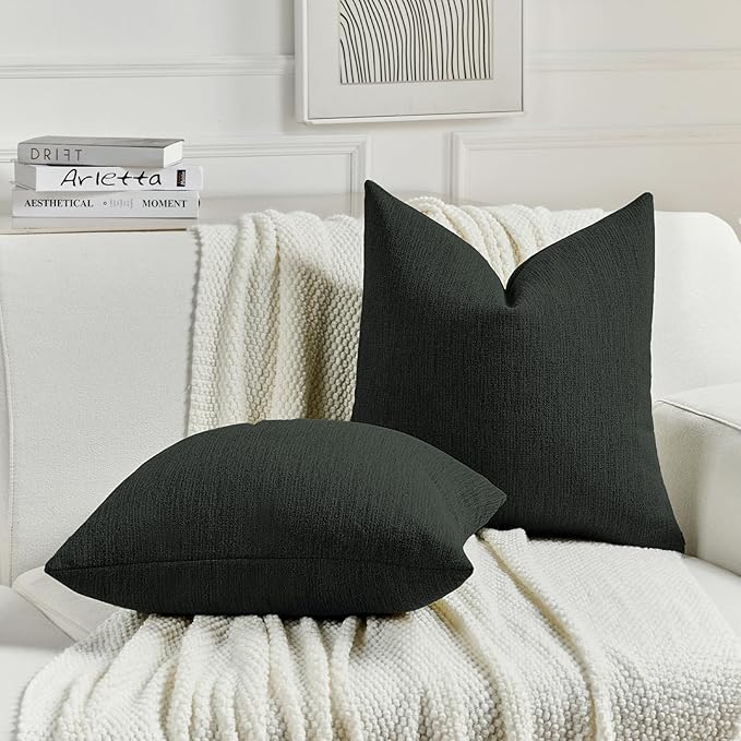 FUTEI Black Chenille Decorative Throw Pillow Covers 16x16 Inch Set of 2,Soft Cozy Faux Linen Textured Cushion Case,Farmhouse Home Decor for Couch Living Room