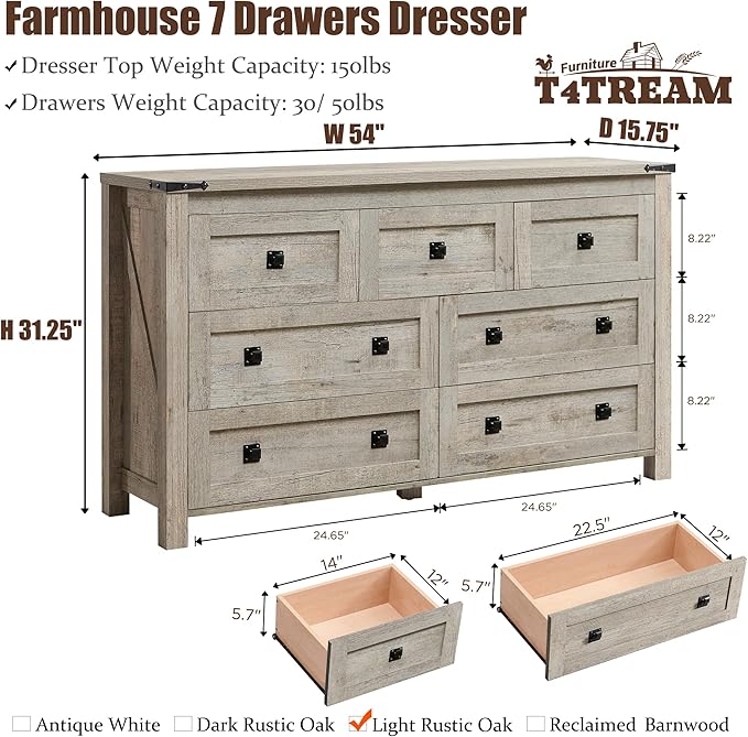 T4TREAM Farmhouse 7 Drawers Tv Stand, Wood Rustic, Storage Dressers Organizer for Bedroom, Living Room,Hallway, Light Rustic Oak