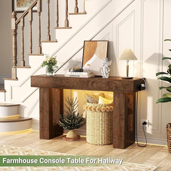 Unikito 47" Entryway Table with Socket and Sensor Light, Narrow Console Table with Storage Behind Couch, Farmhouse Entry Way Tables with Open Storage for Entrance/Hallway/Living Room, Rustic Oak