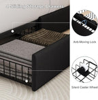 Full Size Upholstered Platform Bed Frame with 4 Storage Drawers and Charging Station, Linen Button Tufted Wingback Headboard, Sturdy Wooden Support Slats, No Box Spring Needed, Black