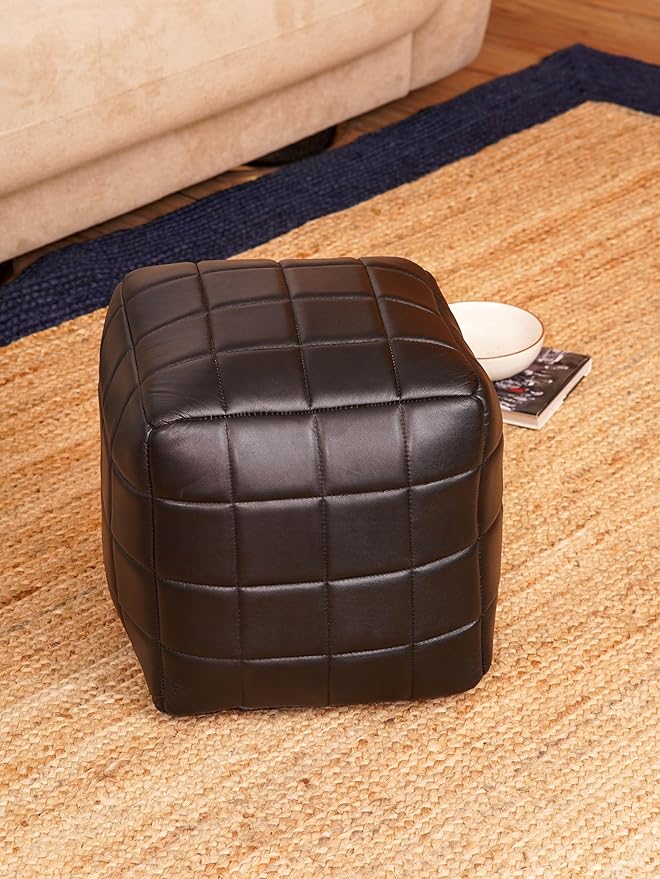 Handmade Eco-Friendly Geometric Leather Pouf Black Color Square 14" x 14" x 14" Goat Leather Pouf for Living Room, Bedroom Seating, Patio