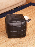 Handmade Eco-Friendly Geometric Leather Pouf Black Color Square 14" x 14" x 14" Goat Leather Pouf for Living Room, Bedroom Seating, Patio