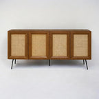 NTC MOSSIC Modern Sideboard with 4 Doors, Natural Rattan Storage Cabinet, Buffet with Metal Legs, Boho Accent Cabinet for Living Room, and Entryway, Effortless Assembly - Rustic Oak