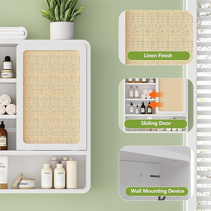 Wall Bathroom Cabinet with Flax Sliding Door, Wood Medicine Cabinet with Adjustable Shelf, Hanging Cabinet for Bathroom, Livingroom (White-1)
