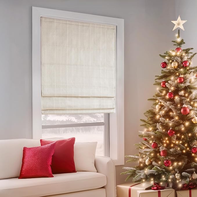 Madison Park Galen Cordless Roman Shade, 33"W x 64"H, Sheen Ivory – Room Darkening, Thermal Insulated, Energy Efficient Window Blind with Subtle Sheen Basketweave Fabric for Privacy