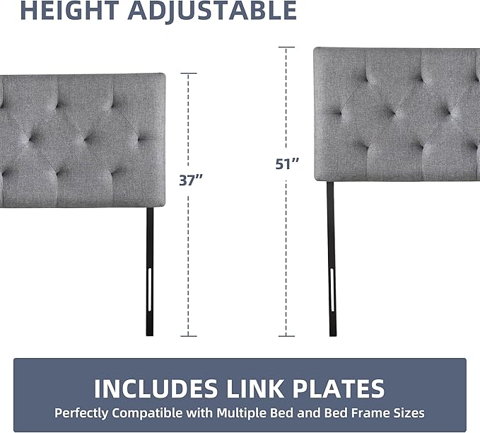 Linen Upholstered Headboard Twin Size, Diamond Tufting Solid Wood Twin XL Headboard Only, Adjustable Height from 37” to 51” Head Board, Dorm Bed Frame or Wall Mount Headboards, Light Grey