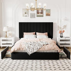Allewie Queen Size Storage Bed Frame, Vertical Channel Tufted Adjustable Headboard, Velvet Upholstered Platform Bed with 4 Oversized Underbed Drawers, Wooden Slats Support, No Box Spring Needed, Black