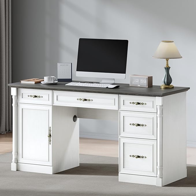 Farmhouse Executive Desk with Storage Drawers and File Cabinet, 60" Vintage Home Office Desk with Power Outlet and Roman Column, Wood Computer Desk with Keyboard Tray for Work and Study, Antique White