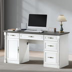 Farmhouse Executive Desk with Storage Drawers and File Cabinet, 60" Vintage Home Office Desk with Power Outlet and Roman Column, Wood Computer Desk with Keyboard Tray for Work and Study, Antique White