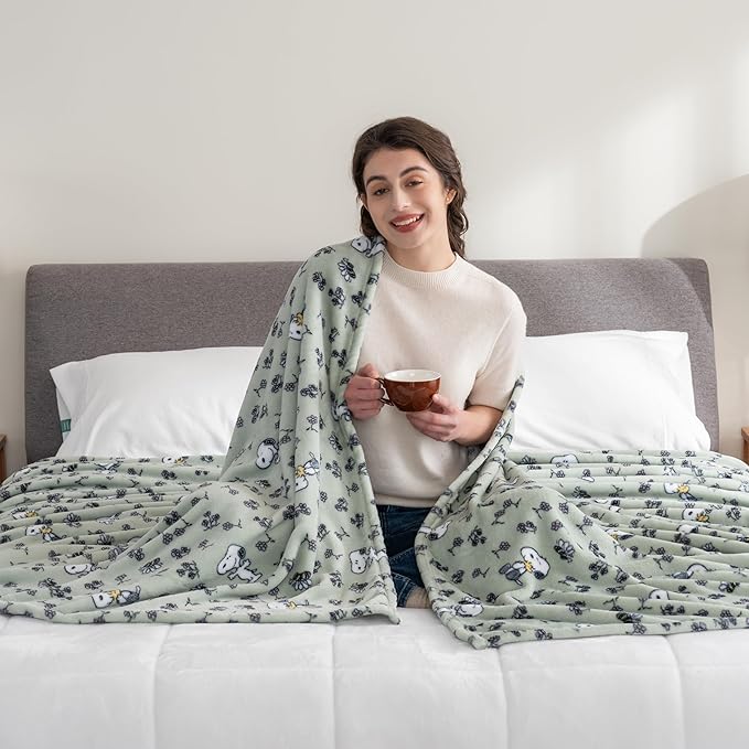 Berkshire Blanket Peanuts® VelvetLoft® Cute Character Snoopy Plush Blanket,Peanuts Snoopy & Woodstock New Flower and Bees Sage,King 90 in x 108 in (Official Peanuts® Product)