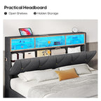 Queen Bed Frame with Storage Headboard and RGB LED Lights, Modern Upholstered Platform Bed Frame Queen Size with Charging Station, Stable Easy Assembly,Dark Grey
