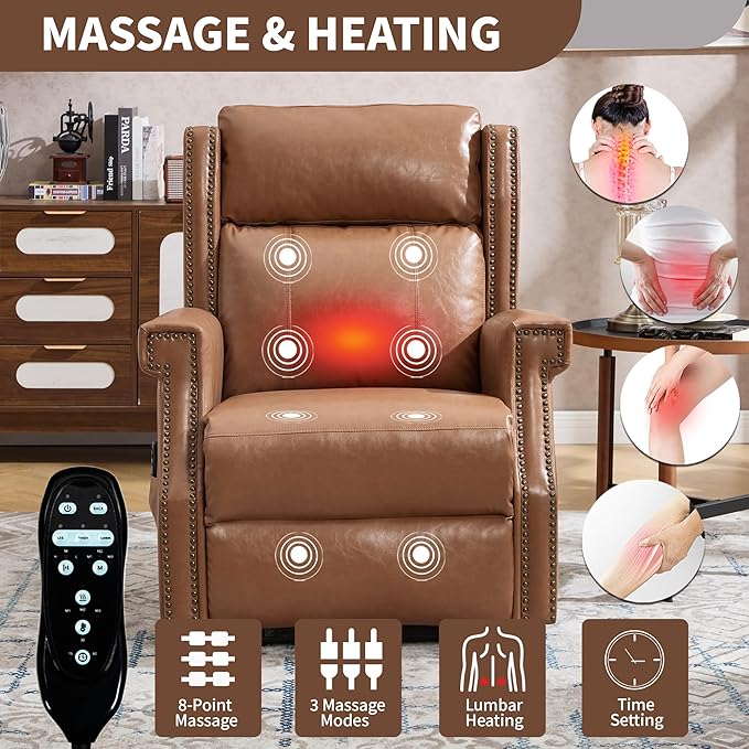 Manual Recliner Chair with Massage & Lumbar Heat, Breathable Leather Reclining Chair for Adults, Humanized Design Easy to Install Living Room Recliners Camel Brown