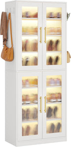 Tribesigns Tall Shoe Storage Cabinet with Acrylic Doors and LED Lights, 8-Tier Entryway Shoe Organizer Rack with Adjustable Shelves and Hanging Hooks for Narrow Closet, Hallway, Living Room, White