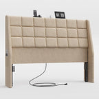 Ergonomic Upholstered Headboard Queen Size w/Charging Station, Linen Wingback Headboards w/Storage Pocket, Queen Headboard Only, Bed Frame Adapters, Sturdy Stable Solid Wood Bed Head Board, Beige