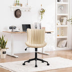 YOUNIKE Beige Home Office Desk Chair with Wheels Swivel Comfy Armless Vanity Chair with Back Modern Leather Upholstered Rolling Task Chair Small Cute Drafting Sewing Chair No Arms Adjustable