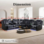 Power Recliner Sectional Couch with LED, Leather Reclining Sofa for Living Room, Muti-Functional Recliner Corner Sectional with Storage Console/Cup Holders/USB Ports (Black, SECTIONAL & CHAIR)