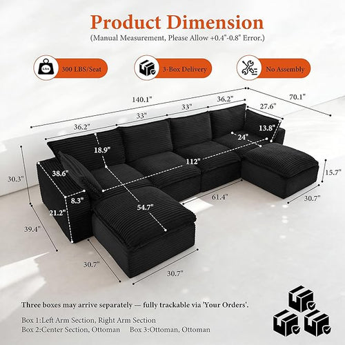 108" Sectional Couches for Living Room Boneless Couch Upholstered Cloud Couch Sectional Modular Sectional Sofa with L Shaped (Corduroy-Black, 4 Seat+2 Ottoman)