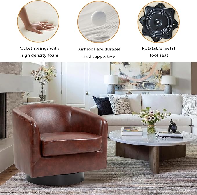 Lumibee Swivel Accent Chairs Set of 2, Faux Leather Swivel Barrel Chairs for Living Room, Modern Comfy Upholstered Round Armchairs Single Sofa Chairs for Bedroom, Club-Red Brown