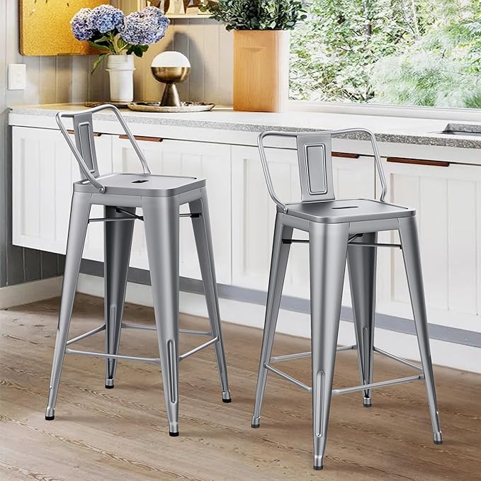 HAOBO Home Metal Bar Stools Set of 2 Low Back Counter Height Barstools 26" Industrial Barstool Patio Stool Metal Kitchen Stools Bar Chairs for Indoor Outdoor