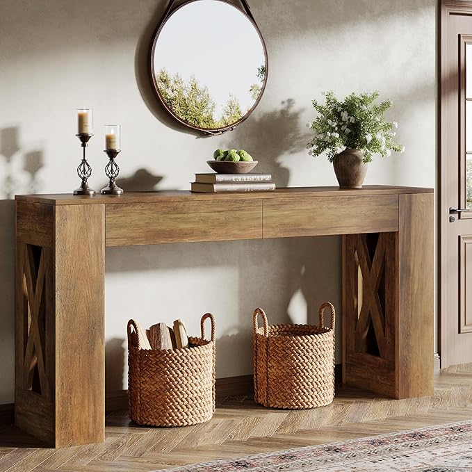 Tribesigns 63-Inch Long Console Table, Farmhouse Entryway Table with 2 Drawers and X-Shaped Legs, Narrow Sofa Furniture Behind The Couch for Entrance, Hallway, Living Room, Warm Brown