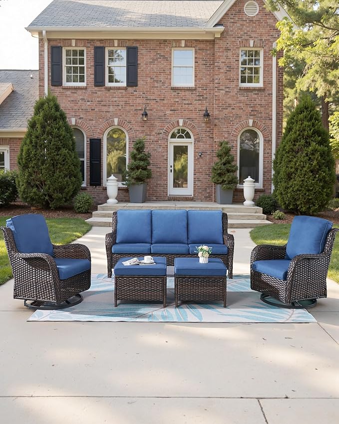 Pop 22x25/22x24 Outdoor Cushions for Patio 5 Piece Set - Set of 5 Water-Resistant Replacement Cushion for Wicker Dining Rocking Chairs Loveseat Couch Sectional Sofa - Navy Blue/Classic