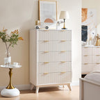 T4TREAM Fluted 5 Drawers Dresser, 48" Tall Modern Chest of Drawers with Faux Marble Top, Curved Profile Design, Wood Drawer Organizer for Bedroom, Living Room, Hallway, Entryway, Solid White