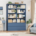 FINETONES 71" Bookshelf with Drawers, 47.3" Double Wide Bookshelves and Bookcases with Storage, Tall Bookshelf Large Open Book Shelf Standing Book Case for Home Office, Blue