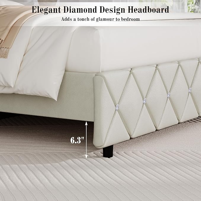 BarnFurin Queen Bed Frame with Diamond Tufted Headboard, Faux Leather Upholstered Bed with Wooden Slats Support, No Box Spring Needed, Mattress Foundation, Easy Assembly, Cream