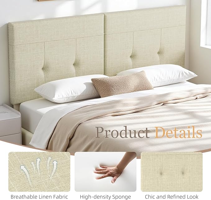 Upholstered King Size Headboard, Headboard King with Sturdy Metal Legs, Tufted Upholstery Design Bed Headboards with Adjustable Width & Height (Linen)