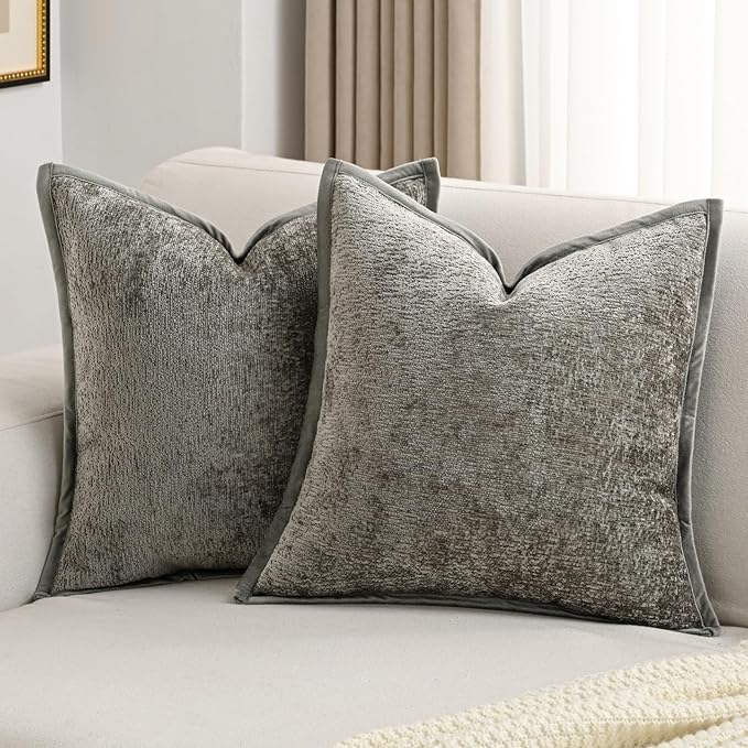 FUTEI Grey Chenille Throw Pillow Covers 16x16 Inch Set of 2,Soft Cozy Bound Edge Design Cushion Case,Home Decor for Couch Bed Living Room