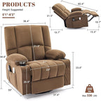 Swivel Rocker Chair with Heat and Massage, 270° Power Recliner Chairs for Adults, USB and Type-C Ports, Oversized Recliner Single Sofa, Electric Glider Chair(Brown)
