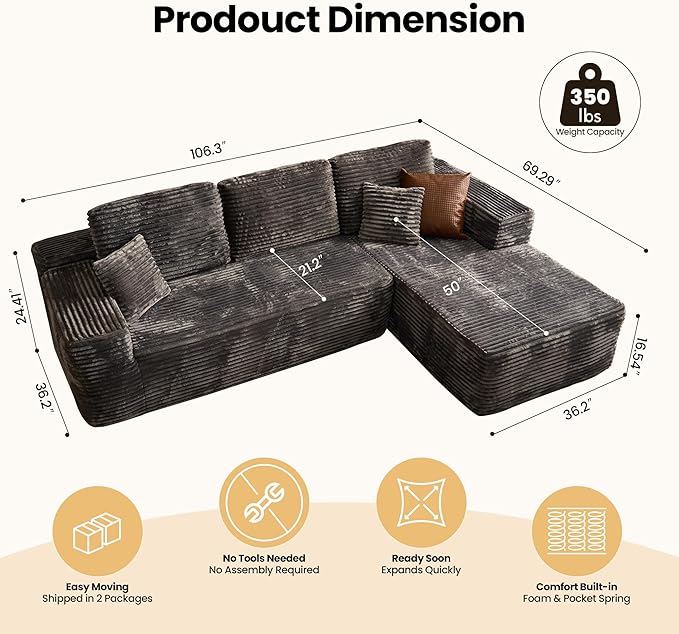 104" Cloud Sectional Couch with Chaise, Boneless L-Shaped Cloud Couch with Deep Seat, Soft Plush Modern Minimalist Sofa, Assembly Free Comfy Sofa for Office Living Room Apartment(Grey, Right Chaise)