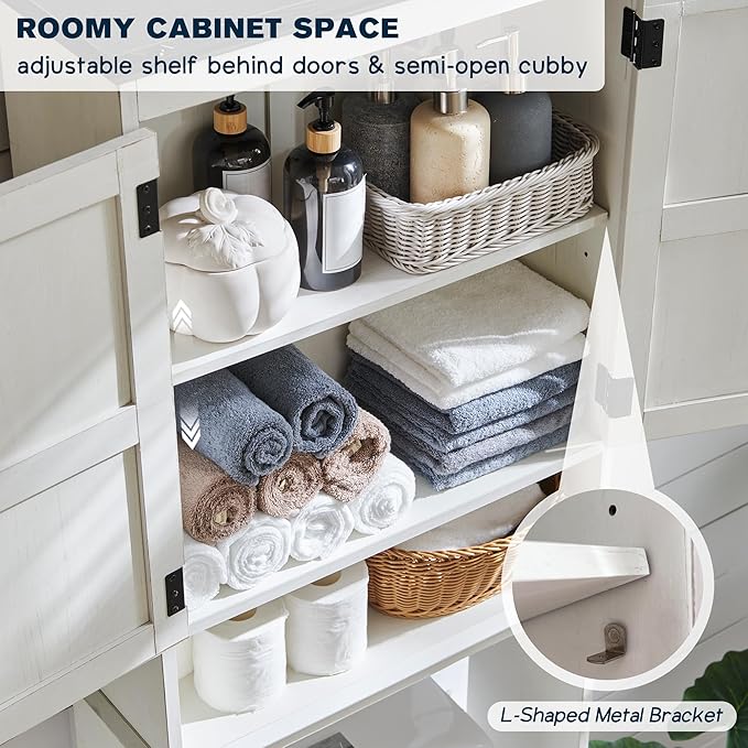 ACCOHOHO Over The Toilet Storage Cabinet, Farmhouse Bathroom Cabinet with Adjustable Shelf & Barn Door, 67" Tall Over The Toilet Shelf, Off White