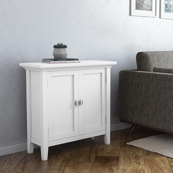 SIMPLIHOME Redmond SOLID WOOD 32 inch Wide Transitional Low Storage Cabinet in White for the Living Room, Entryway and Family Room